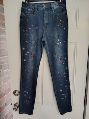 FDJ French Dressing Jeans Suzanne Slim Leg Floral Embroidered Denim Blue Size 6